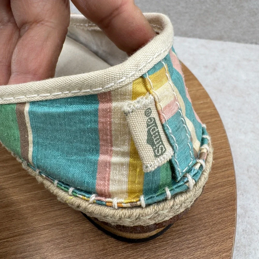 Simple‎ Green Silk Striped Espadrille Flats 7.5 Multicolor Boho Coastal Slip On